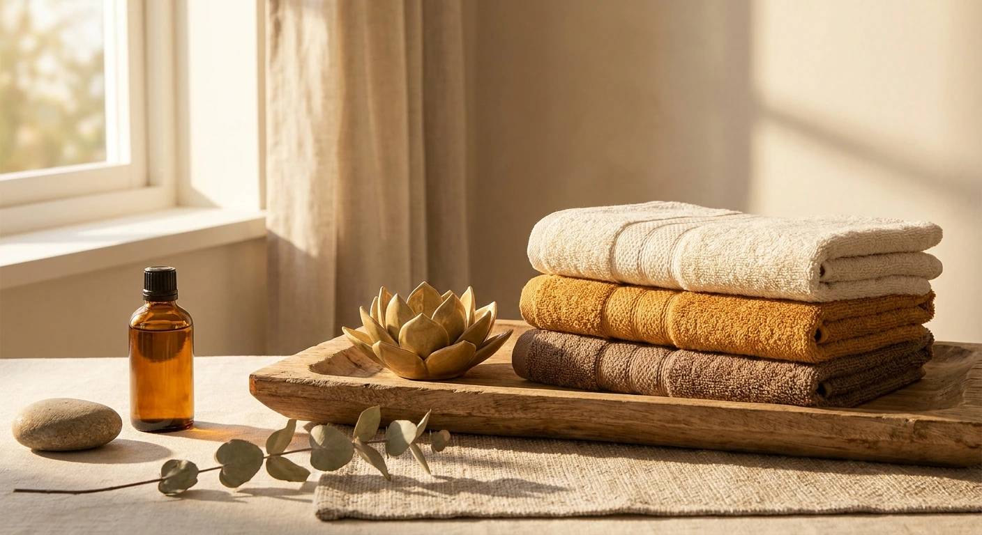 A serene Inner Sun wellness still life with linens and warm sunlight