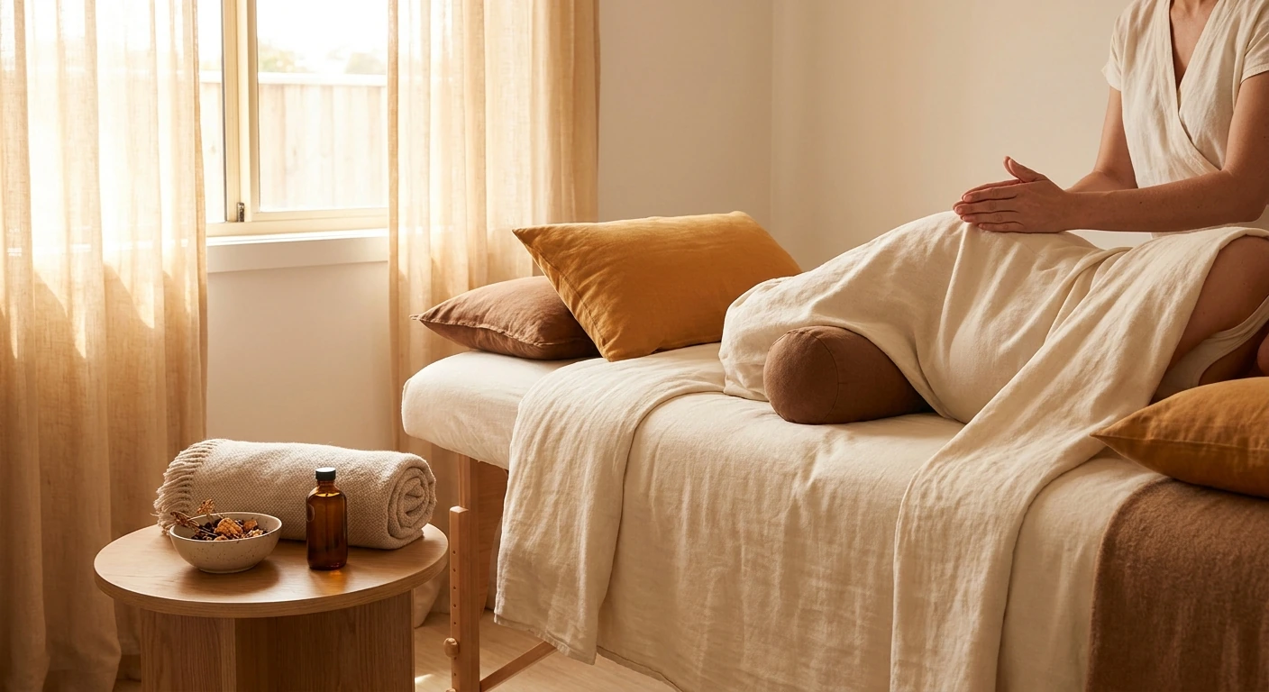 Prenatal massage in a calm, supportive, sunlit setting